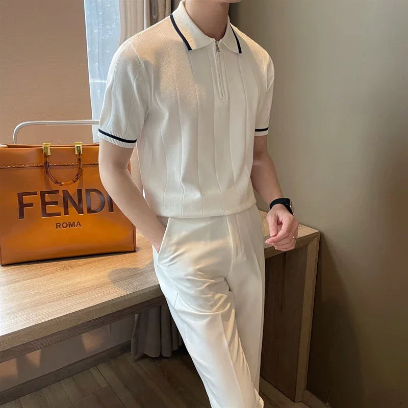 Fermuar Yaka Çizgili Polo T-shirt