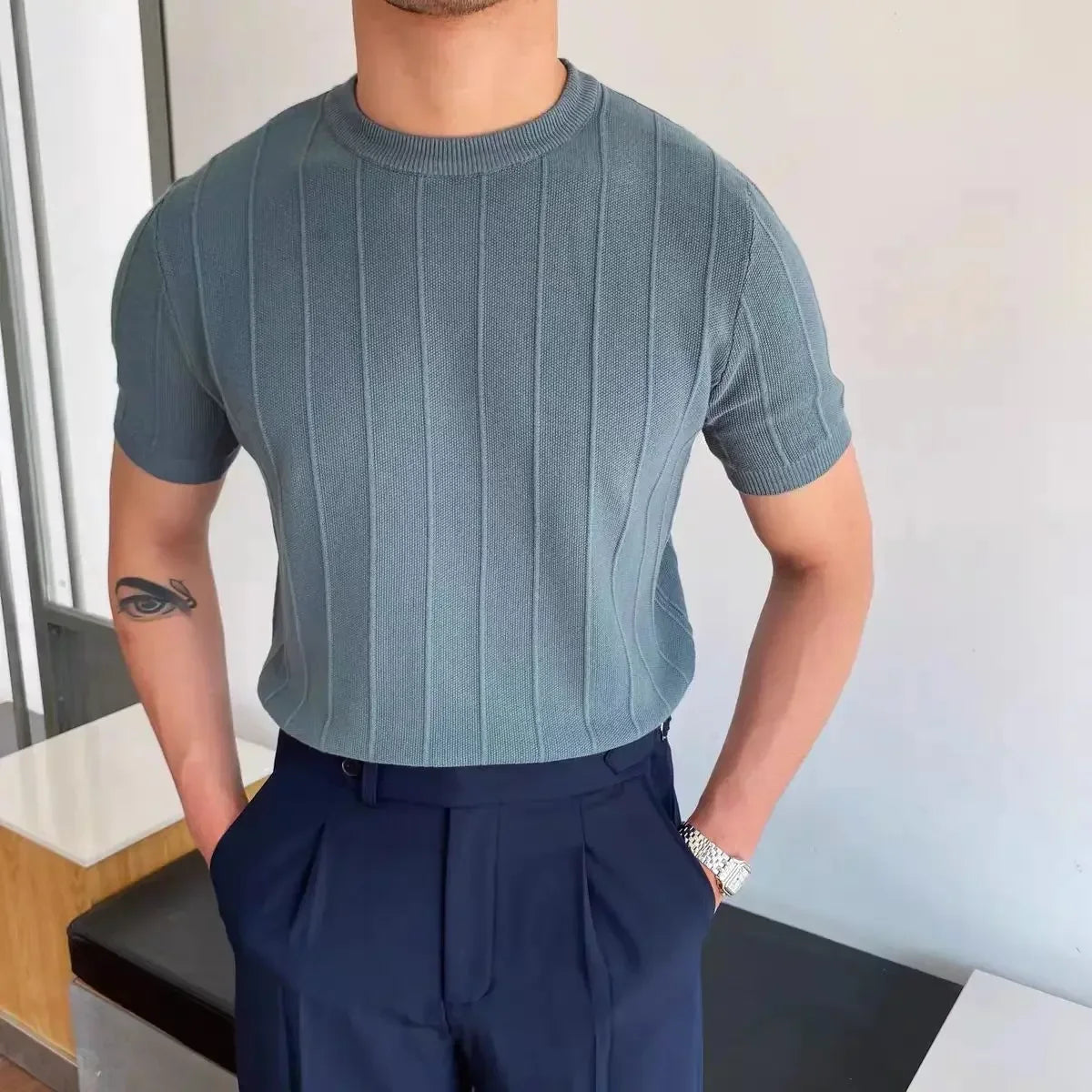 Çizgili Düz Yaka T-shirt