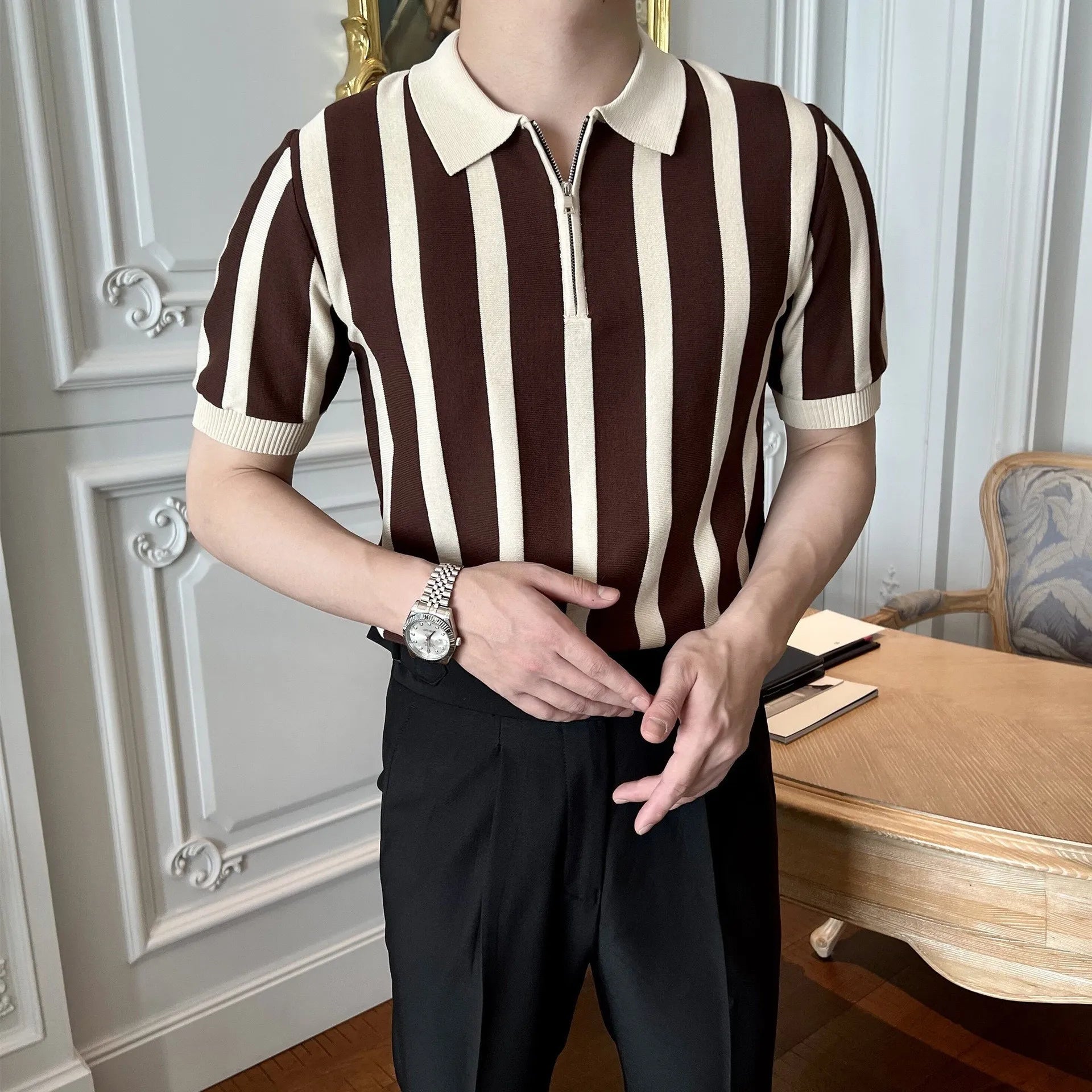 Yarım Fermuarlı Çizgili Klasik Polo T-shirt