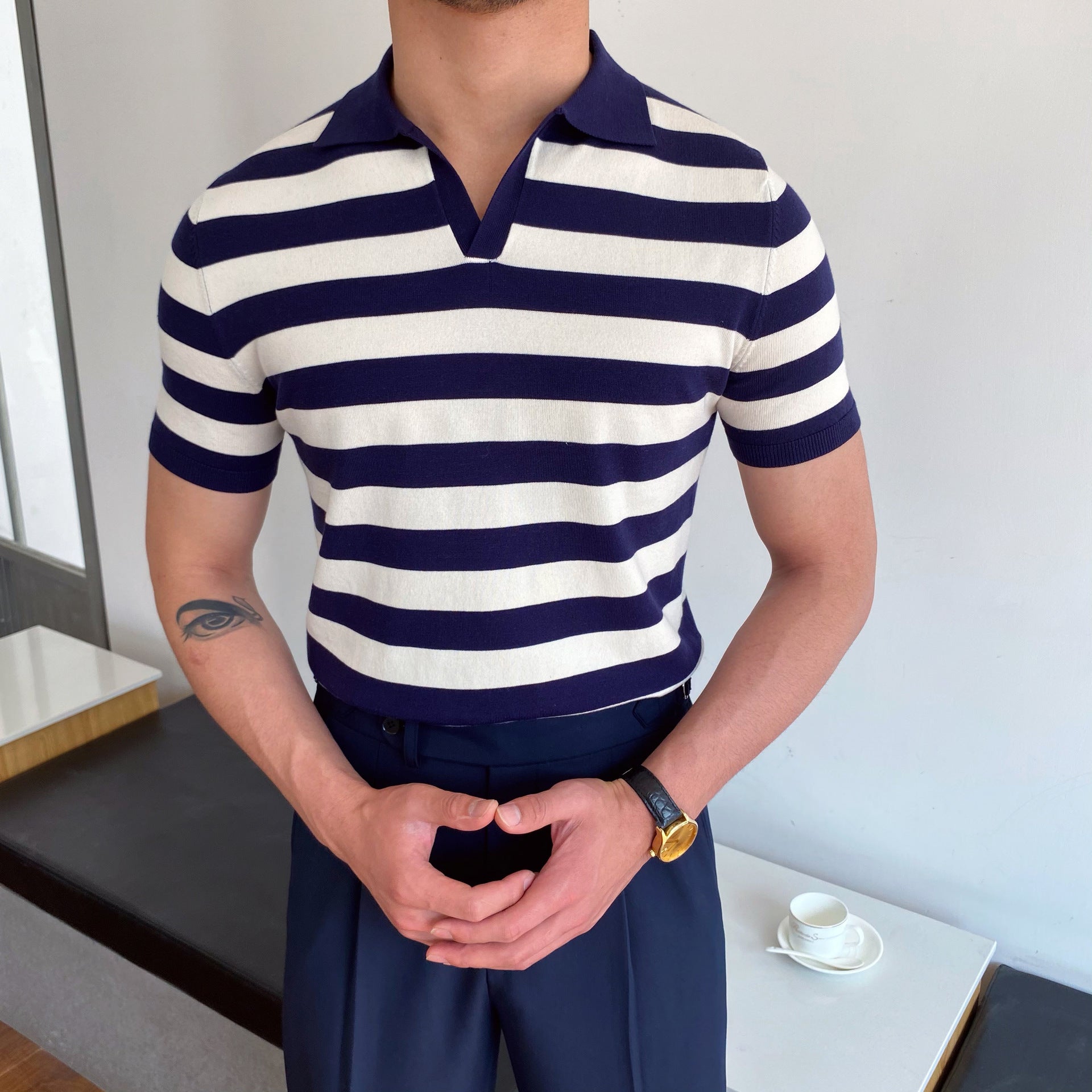 Vannes V Yaka Çizgili Polo T-shirt