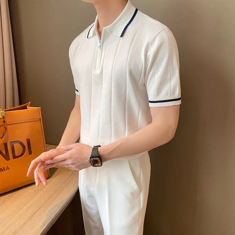 Fermuar Yaka Çizgili Polo T-shirt