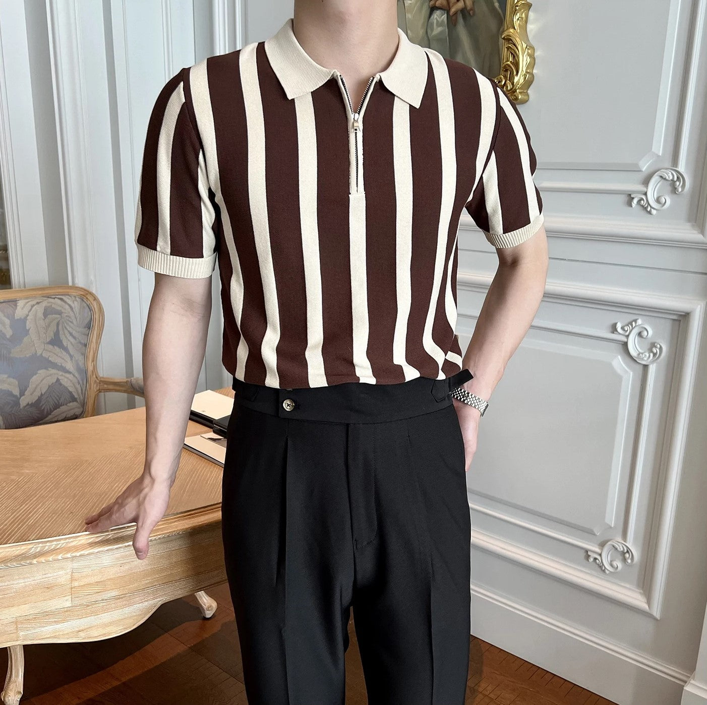 Yarım Fermuarlı Çizgili Klasik Polo T-shirt