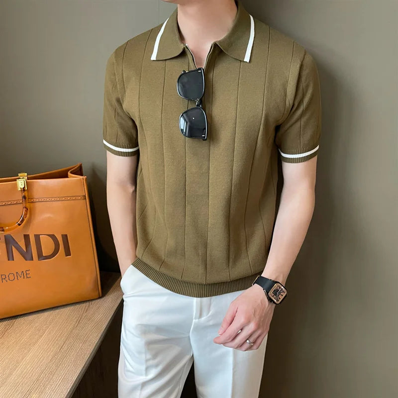 Fermuar Yaka Çizgili Polo T-shirt