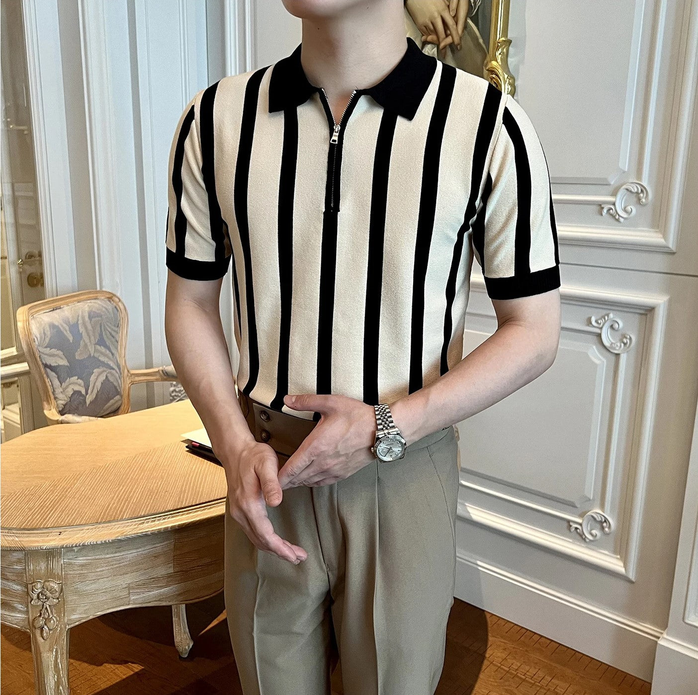 Yarım Fermuarlı Çizgili Klasik Polo T-shirt