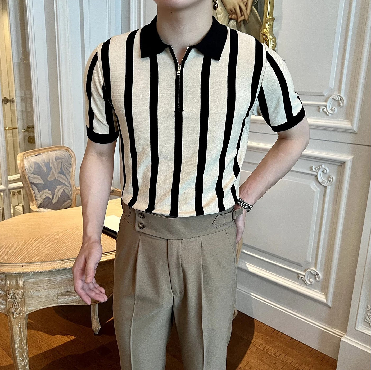 Yarım Fermuarlı Çizgili Klasik Polo T-shirt