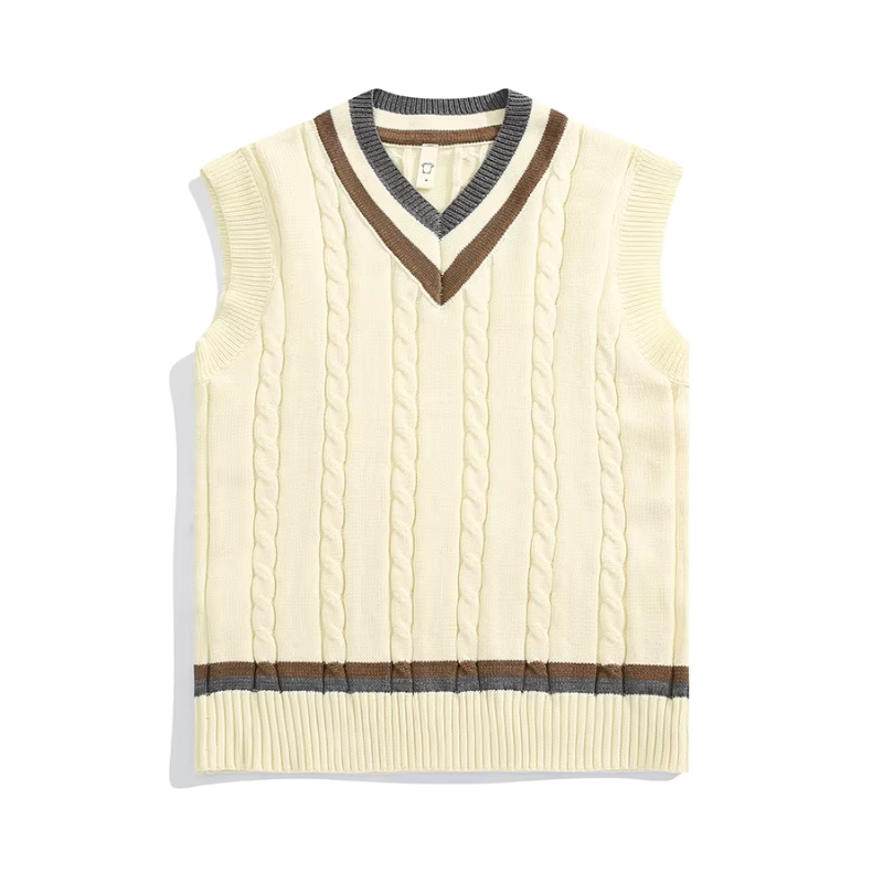 Örgülü Vintage V Yaka Pamuklu Süveter
