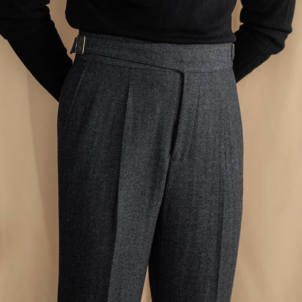 Çift Tokalı Yün Karışımlı Kumaş Pantolon
