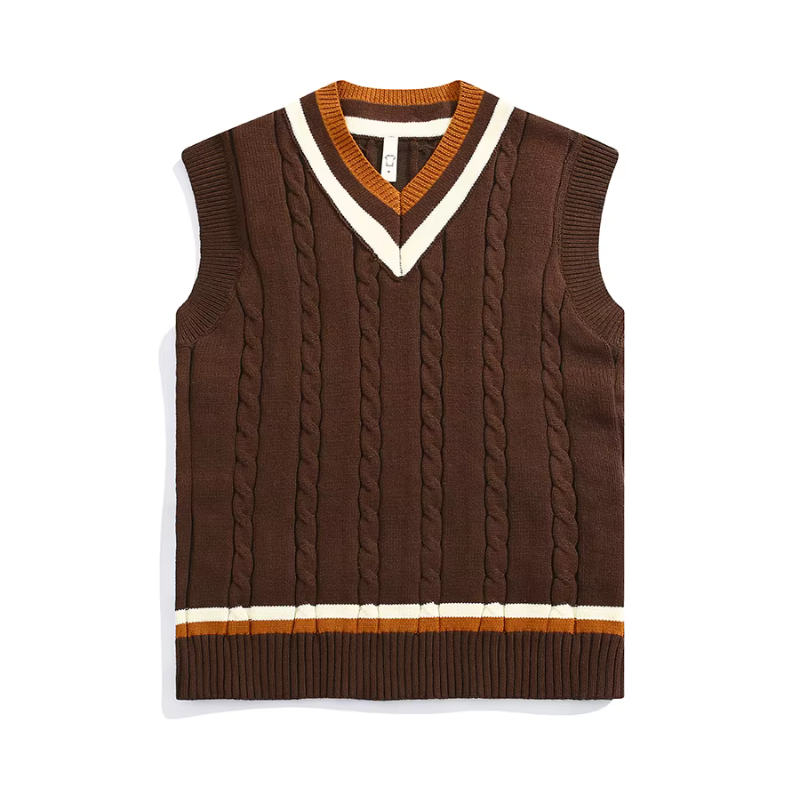 Örgülü Vintage V Yaka Pamuklu Süveter