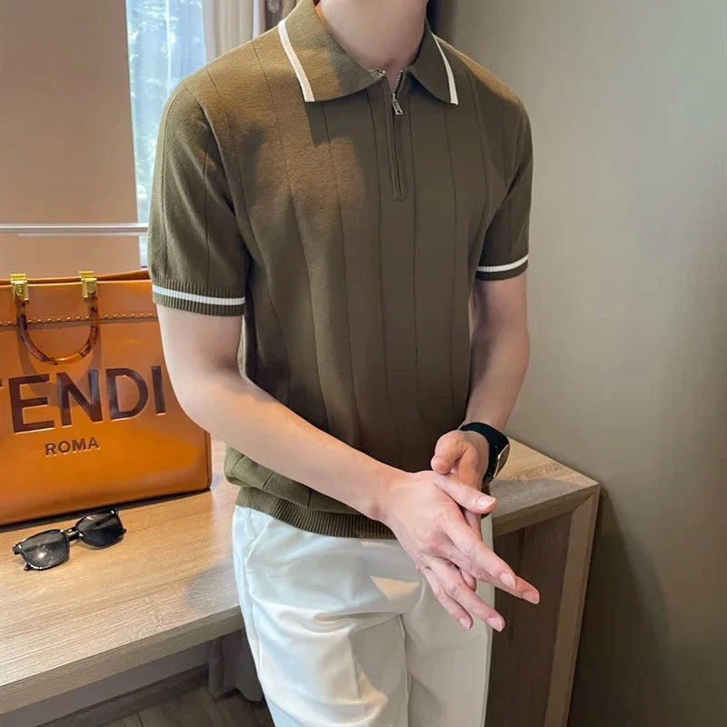 Fermuar Yaka Çizgili Polo T-shirt