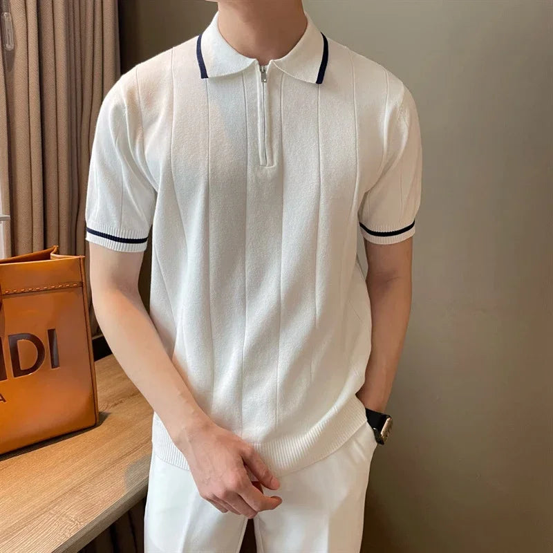 Fermuar Yaka Çizgili Polo T-shirt